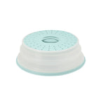 The Collapsible Microwave Food Cover is made of high heat-resistant plastic, with a round, vented light blue lid featuring steam holes, a central handle, and a white and blue collapsible base for convenient storage.