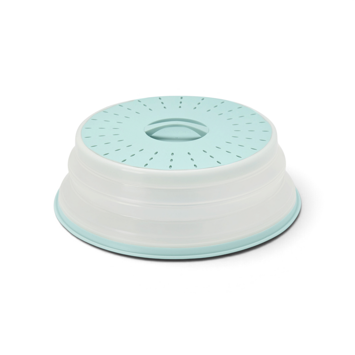 The Collapsible Microwave Food Cover is made of high heat-resistant plastic, with a round, vented light blue lid featuring steam holes, a central handle, and a white and blue collapsible base for convenient storage.