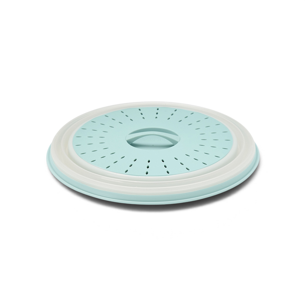 The Collapsible Microwave Food Cover is a light blue and white round cover with a central handle, made from high heat-resistant plastic and features small vented holes for effective steaming.