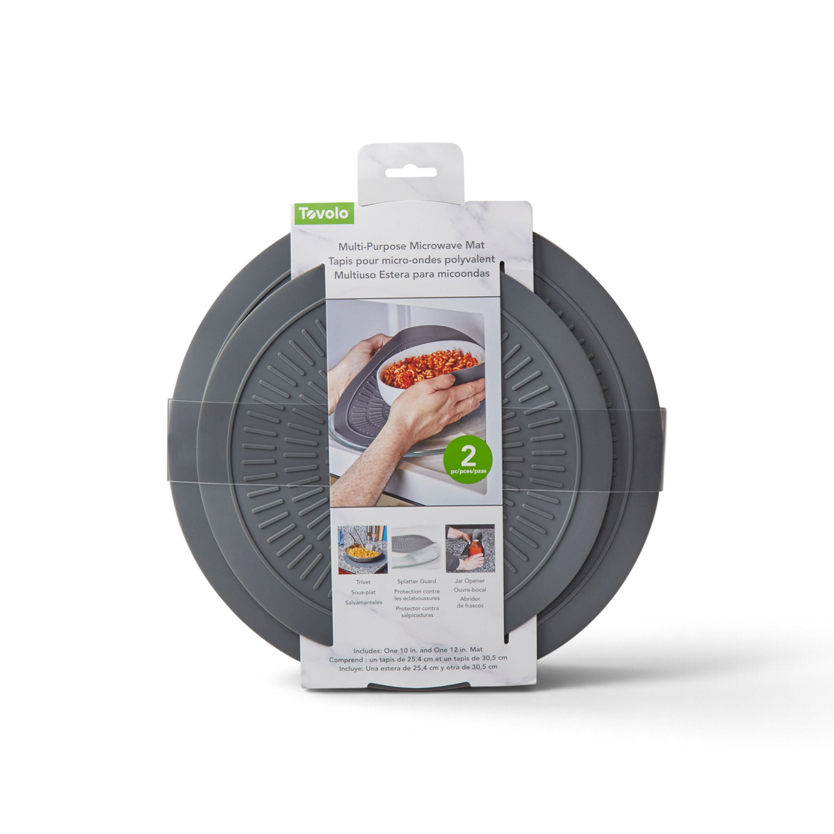 The packaged Microwave Mat is shown, with packaging highlighting its uses as a splatter guard, heat barrier, and trivet, plus an image of hands holding food on the non-slip, gray, circular mat.