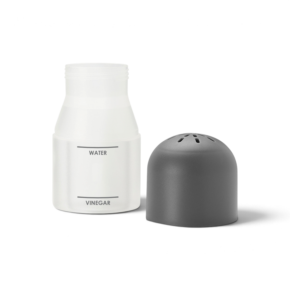 The Microwave Steam Cleaner is a clear plastic container labeled water and vinegar, placed beside a black vented cap, providing effortless, chemical-free cleaning for your microwave.