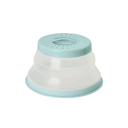 The Collapsible Microwave Food Cover is a light blue and clear, high heat-resistant plastic cover with ventilation holes on top, shown upside down against a white background.