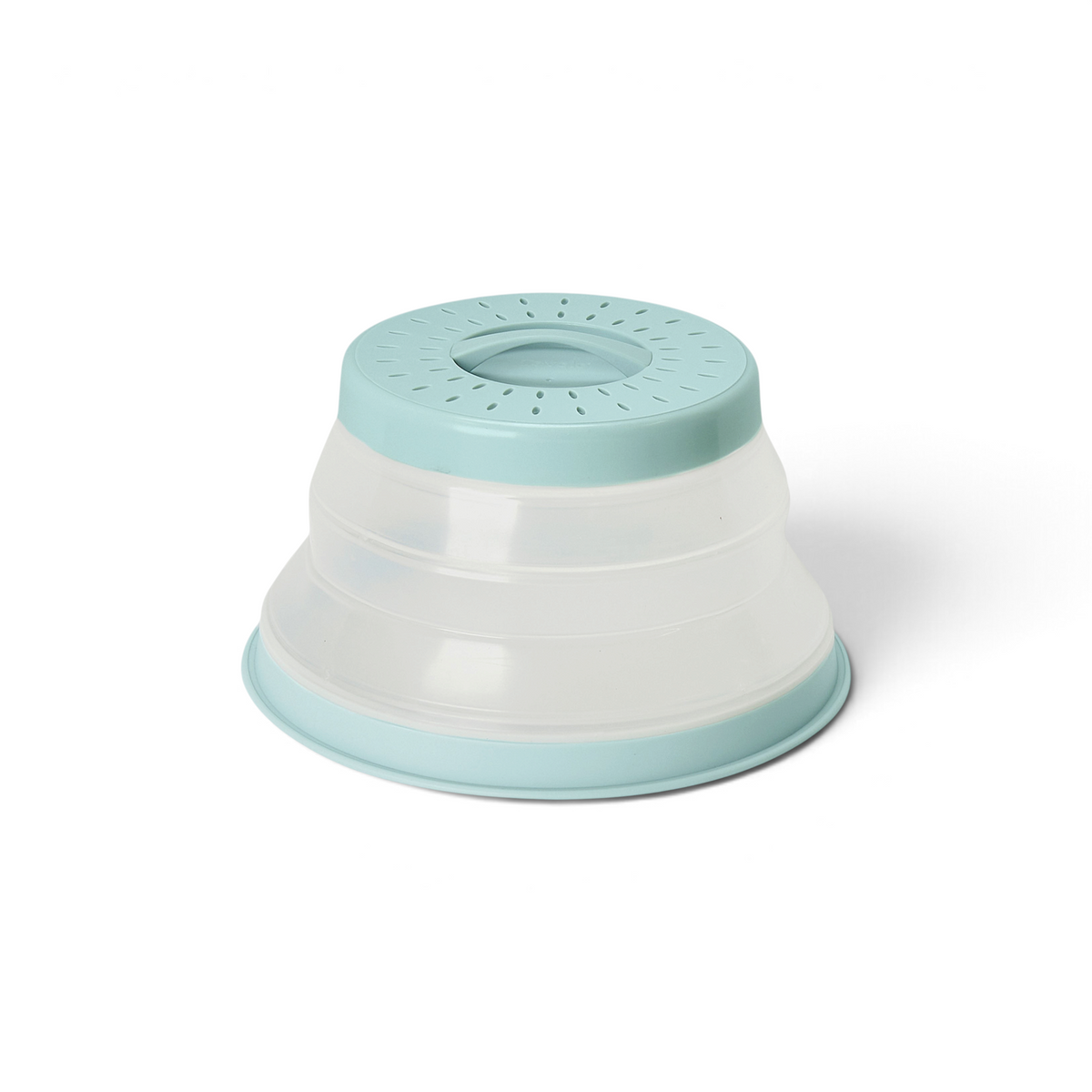 The Collapsible Microwave Food Cover is a light blue and clear, high heat-resistant plastic cover with ventilation holes on top, shown upside down against a white background.