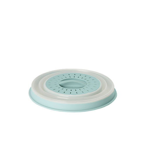 The Collapsible Microwave Food Cover is a round, mint-green and white lid made of high heat-resistant plastic with steam vents, shown flattened against a white background.