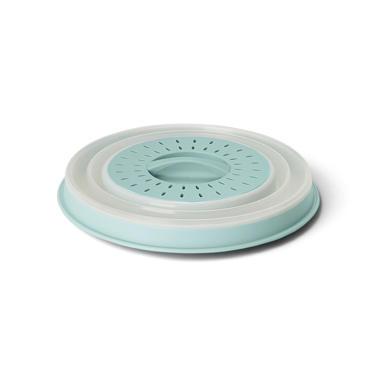 The Collapsible Microwave Food Cover is a round, mint-green and white lid made of high heat-resistant plastic with steam vents, shown flattened against a white background.