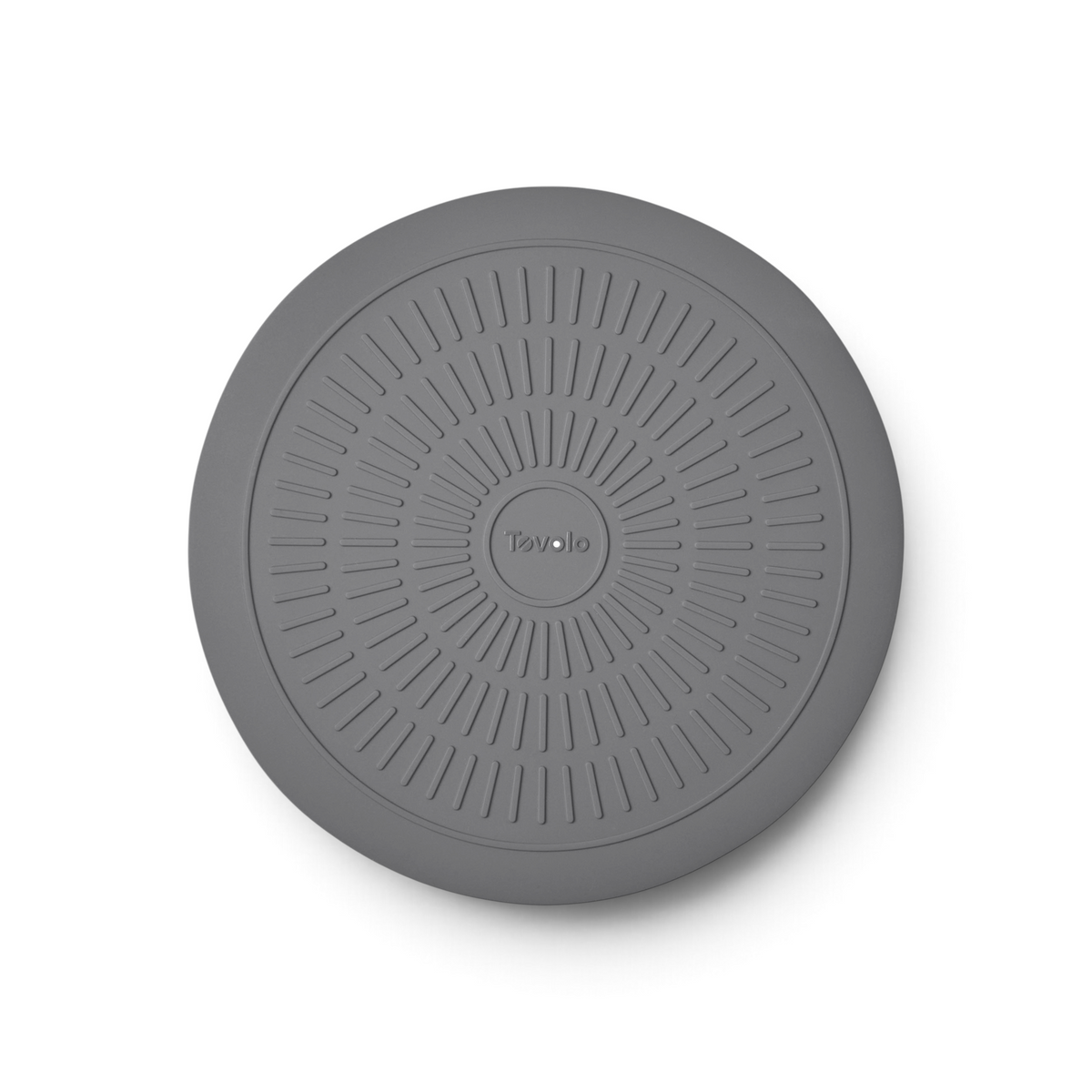 The Microwave Mat is a round, gray silicone mat with radial grooves and "Tovolo" embossed in the center, offering a non-slip surface and heat barrier for microwave use.
