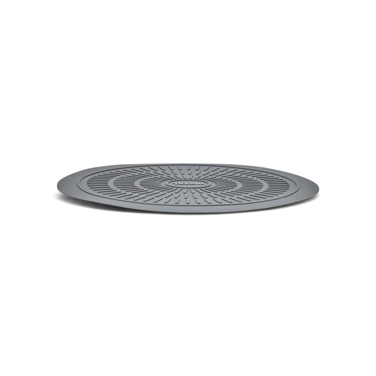 The Microwave Mat is a flat, round gray silicone mat with a textured non-slip surface for slip resistance. It doubles as a heat barrier and is perfect for bathrooms, showers, or as a microwave mat.
