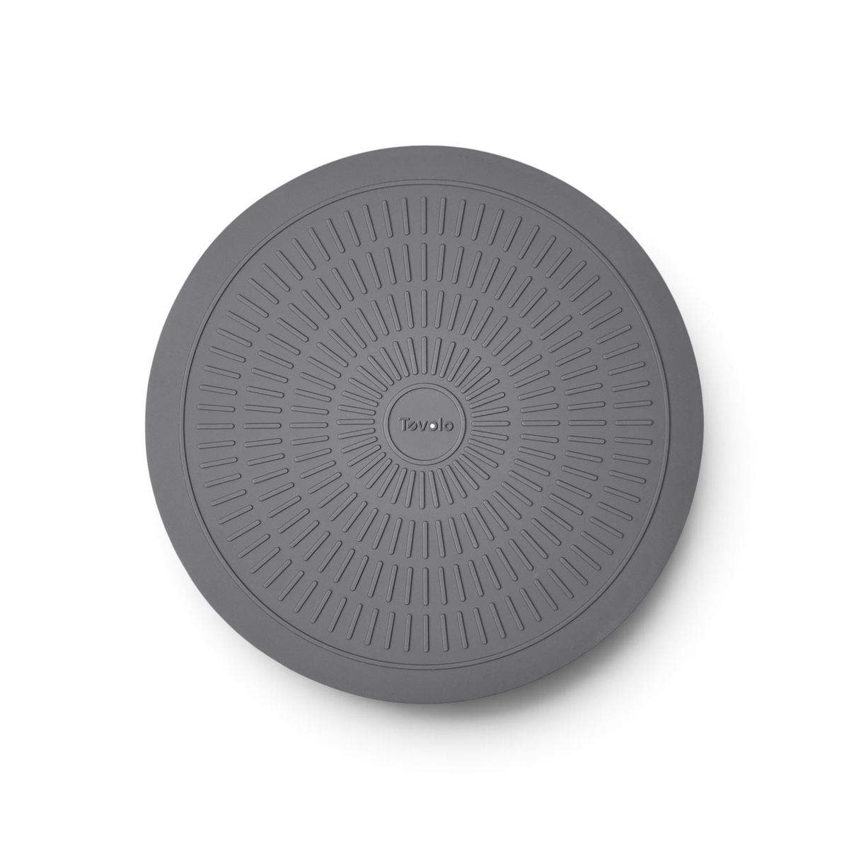 The Microwave Mat is a round, gray silicone mat with a textured radiating line pattern for heat protection and has "Tovolo" printed in the center.