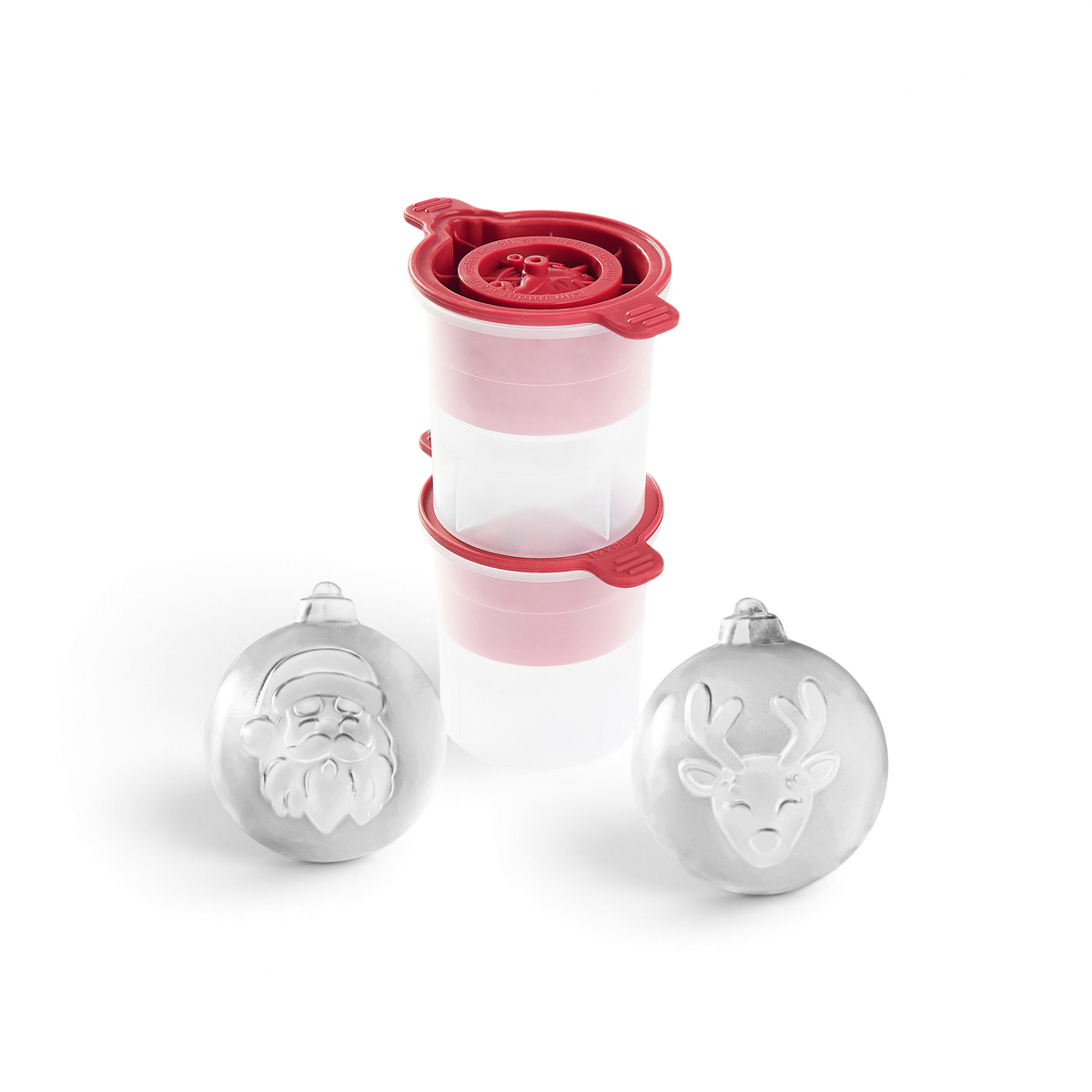Two tovolo Santa and Reindeer Ornament Ice Molds (Set of 2), white and spherical with raised festive designs, are shown in front of two stacked clear plastic containers with red lids.