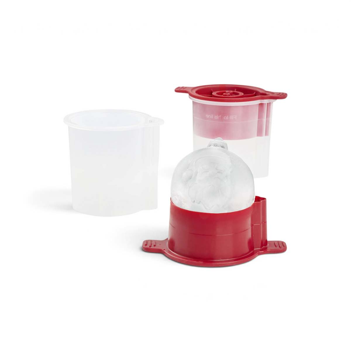 The tovolo Holiday Ice Molds create spherical ice with a detailed Santa Claus face inside, featuring red and white parts and a separate white container—ideal for festive cocktails or as a unique Christmas gift.