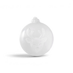 The tovolo Holiday Ice Molds are white, round molds featuring an embossed reindeer face with antlers, ears, and nose—ideal for adding a festive touch to your drinks—set against a plain white background.