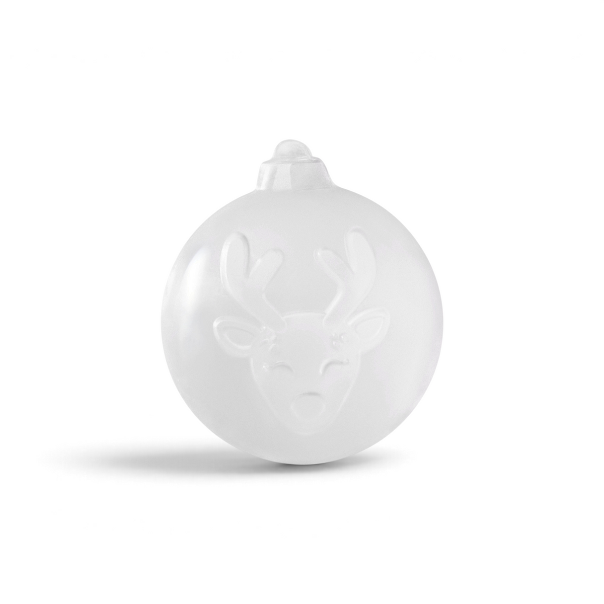 The tovolo Holiday Ice Molds are white, round molds featuring an embossed reindeer face with antlers, ears, and nose—ideal for adding a festive touch to your drinks—set against a plain white background.