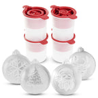 The tovolo Christmas Ornament Ice Molds (Set of 4) features white and red molds that create snowflake, Christmas tree, Santa face, and reindeer face ice—ideal for festive cocktails or as charming holiday drink gifts.