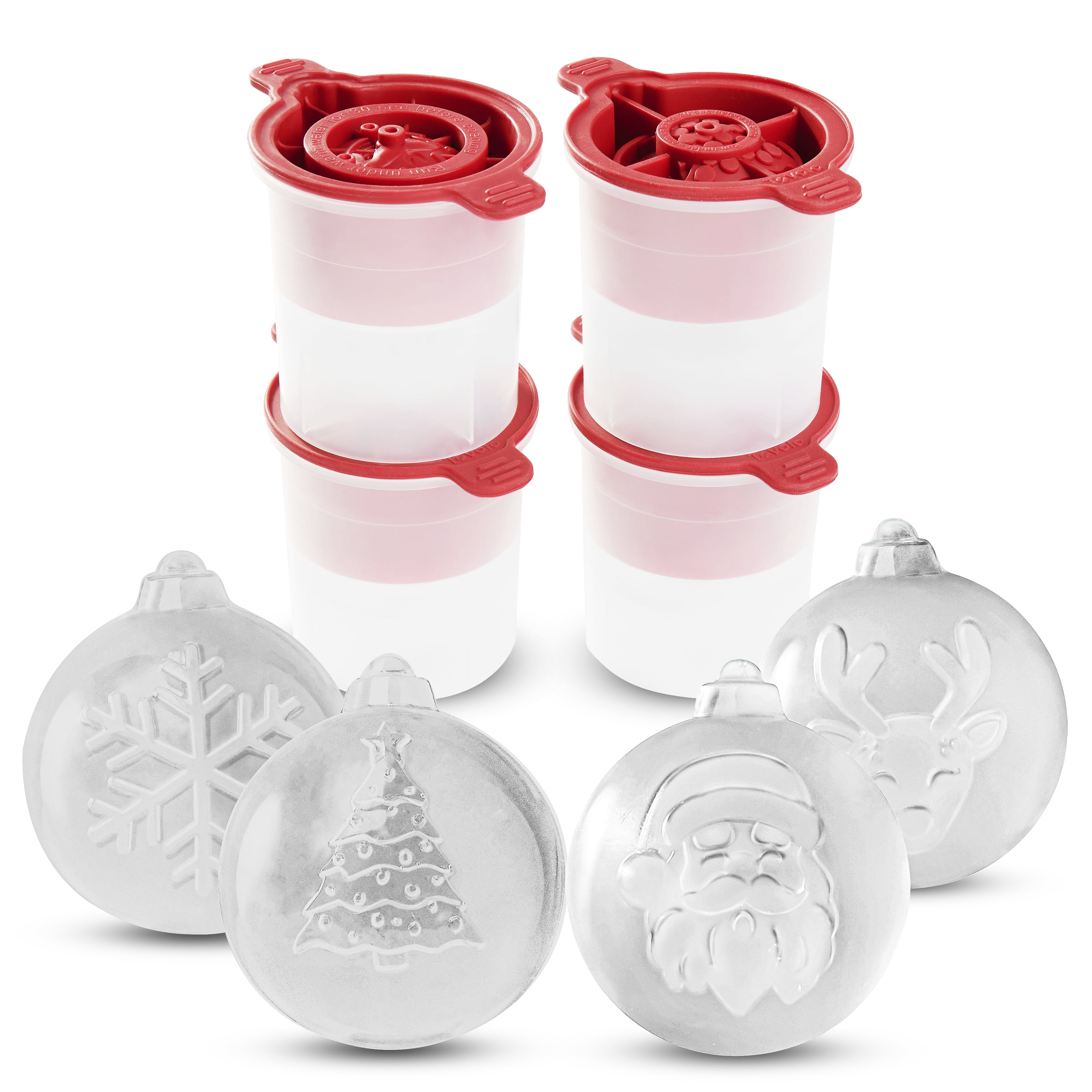 The tovolo Christmas Ornament Ice Molds (Set of 4) features white and red molds that create snowflake, Christmas tree, Santa face, and reindeer face ice—ideal for festive cocktails or as charming holiday drink gifts.
