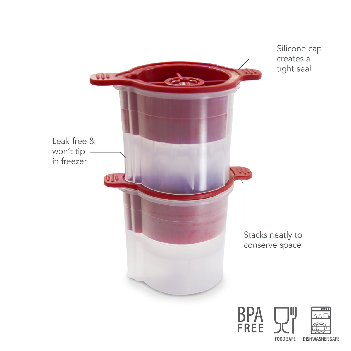 Two Holiday Ice Molds by tovolo are stacked, featuring a silicone cap for a tight, leak-proof seal and space-saving design. BPA free, food and dishwasher safe—ideal for Christmas gifting or storing ice molds.