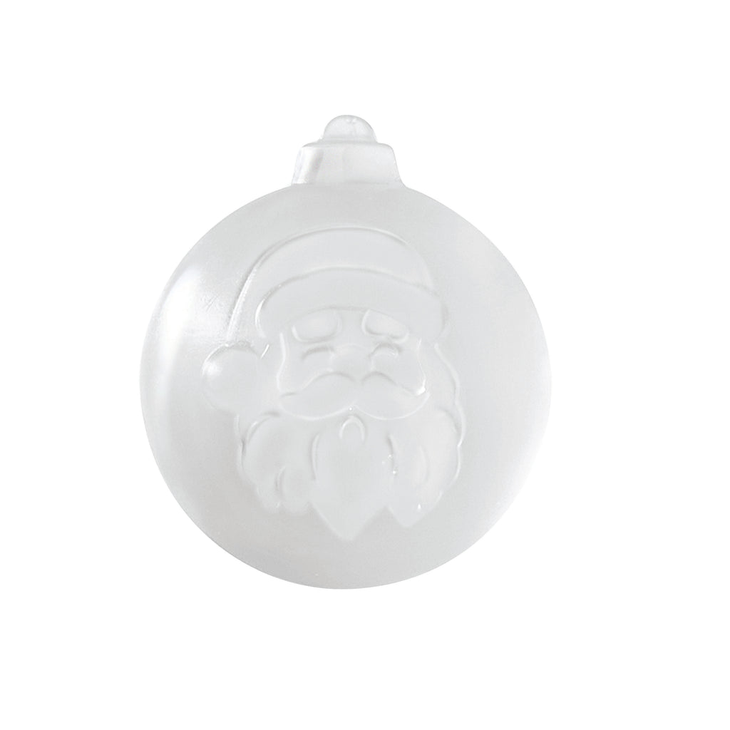 The Holiday Ornament Ice Molds, featuring a white, round design with a raised Santa Claus face, make a charming Christmas gift and pair perfectly with festive holiday cocktail accessories.