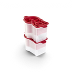 Two white and red plastic Holiday Ice Molds by tovolo are stacked together. Their interlocking lids, rounded edges, and circular sections make them perfect for holiday cocktails or as a thoughtful Christmas gift.