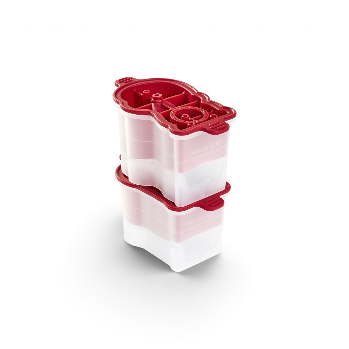 Two white and red plastic Holiday Ice Molds by tovolo are stacked together. Their interlocking lids, rounded edges, and circular sections make them perfect for holiday cocktails or as a thoughtful Christmas gift.