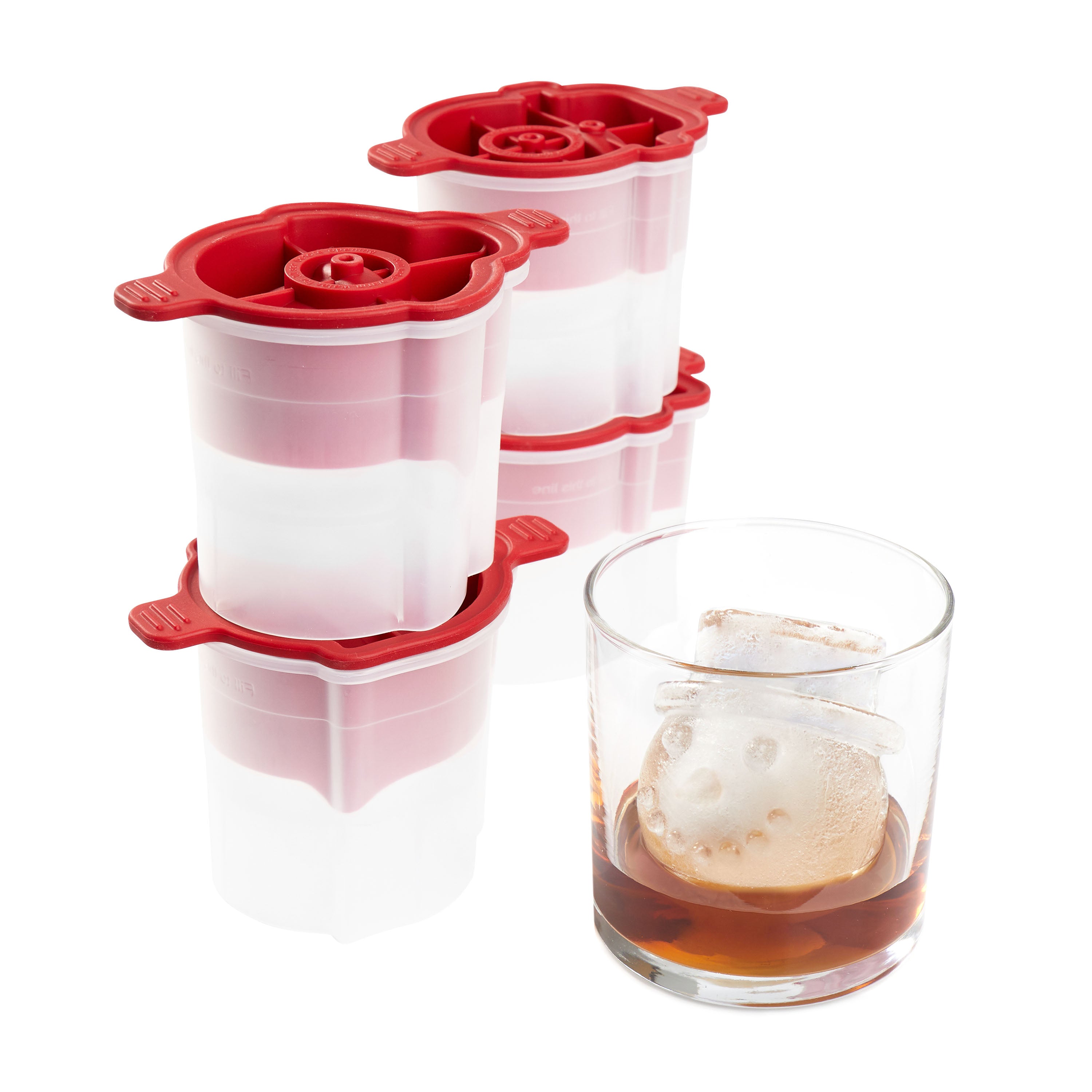 Tovolo’s Snowman Ice Molds (Set of 4) are stacked by a drink with a snowman-head-shaped cube—ideal for festive cocktails and unique Christmas gifts.