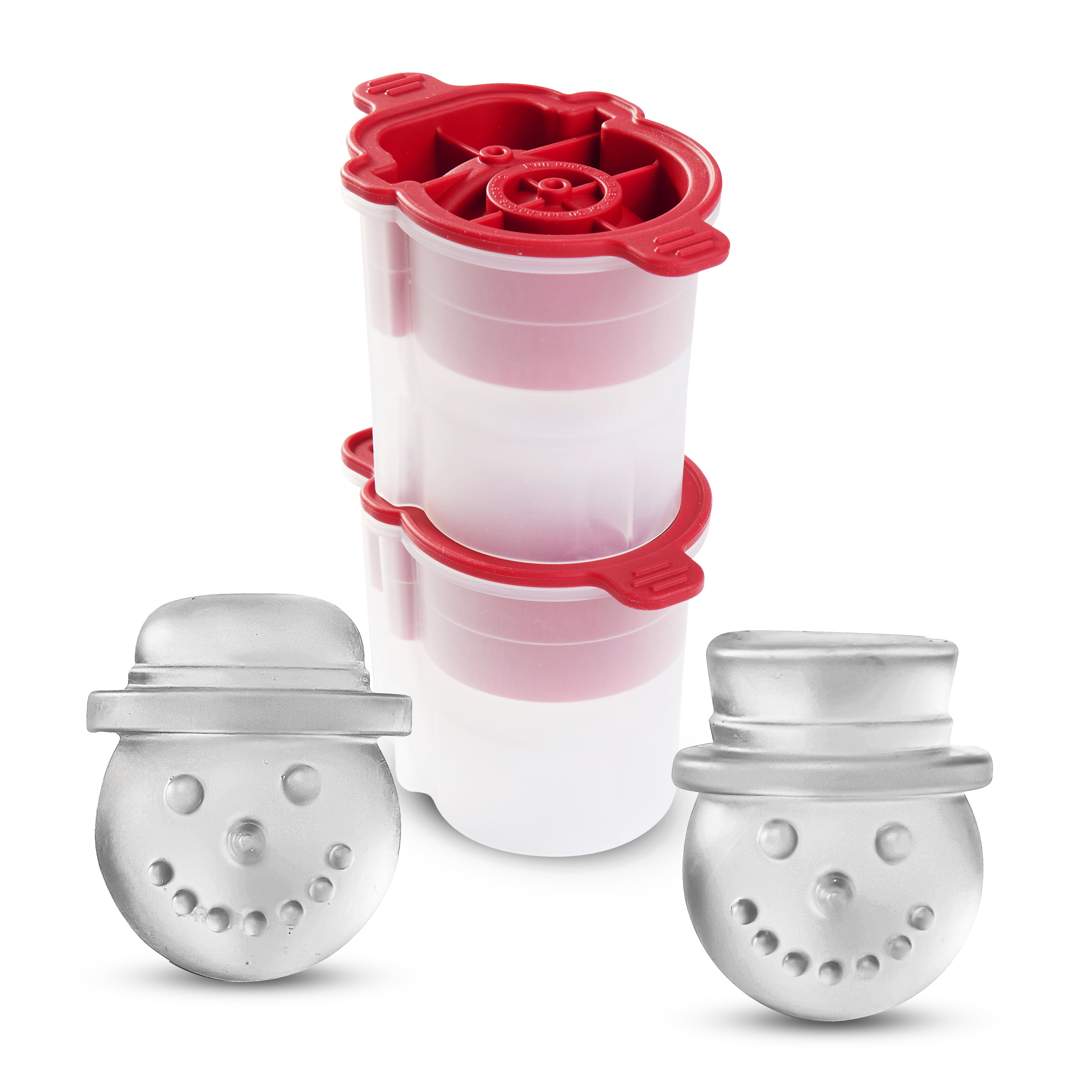 Two silver snowman-shaped ice cubes made with the tovolo Top Hat Snowman Ice Molds (Set of 2) sit in front of the festive red-and-white mold, featuring two compartments and lids—ideal cocktail accessories for your holiday drinkware.