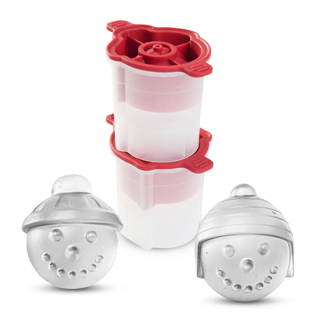 The tovolo Knit Hat Snowman Ice Molds (Set of 2) feature two festive molds with red lids—ideal as a unique Christmas gift or for creating memorable holiday cocktail ice shapes.