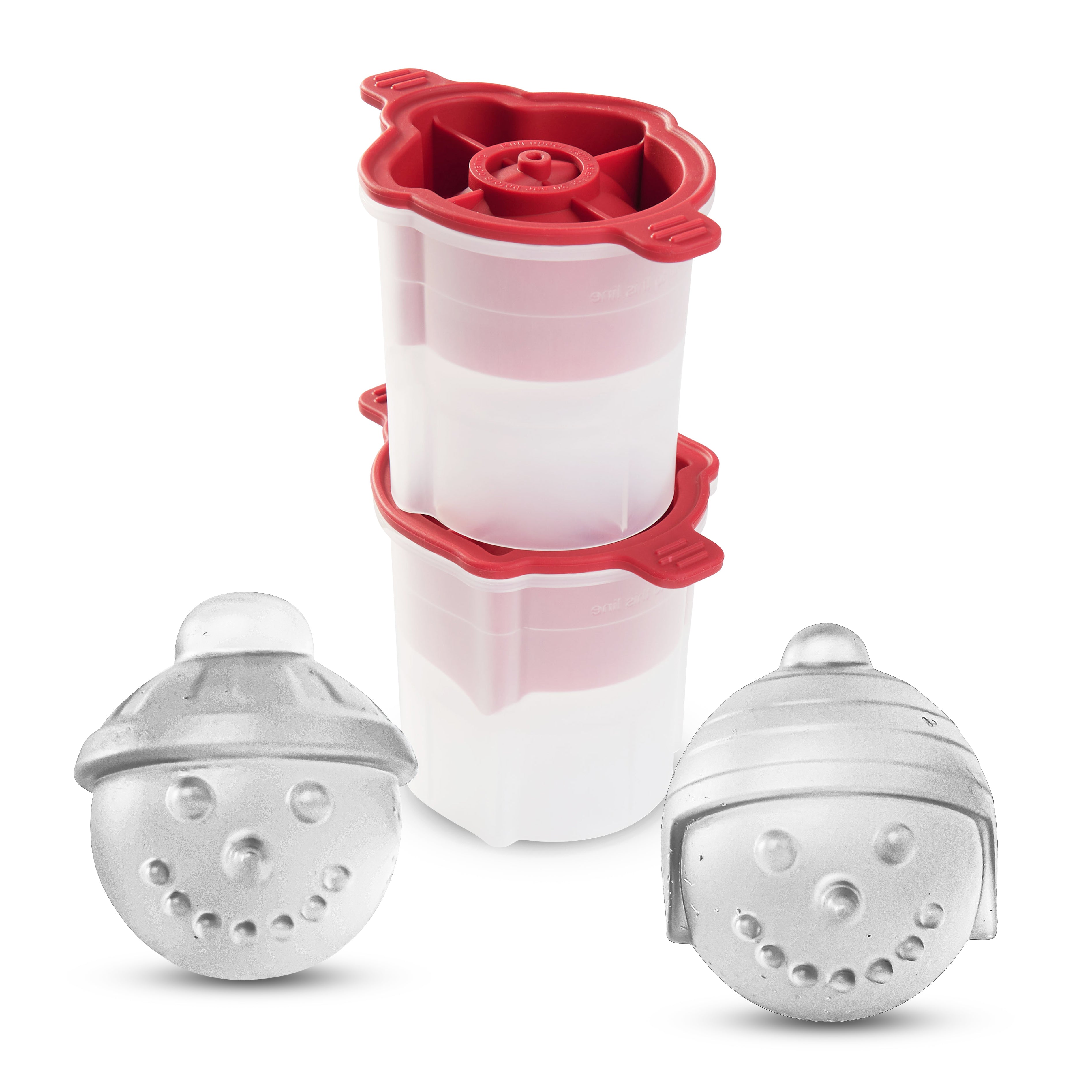 The tovolo Knit Hat Snowman Ice Molds (Set of 2) feature two festive molds with red lids—ideal as a unique Christmas gift or for creating memorable holiday cocktail ice shapes.