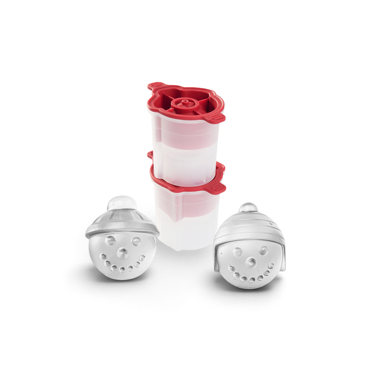 The tovolo Knit Hat Snowman Ice Molds (Set of 2) feature two festive molds with red lids—ideal as a unique Christmas gift or for creating memorable holiday cocktail ice shapes.