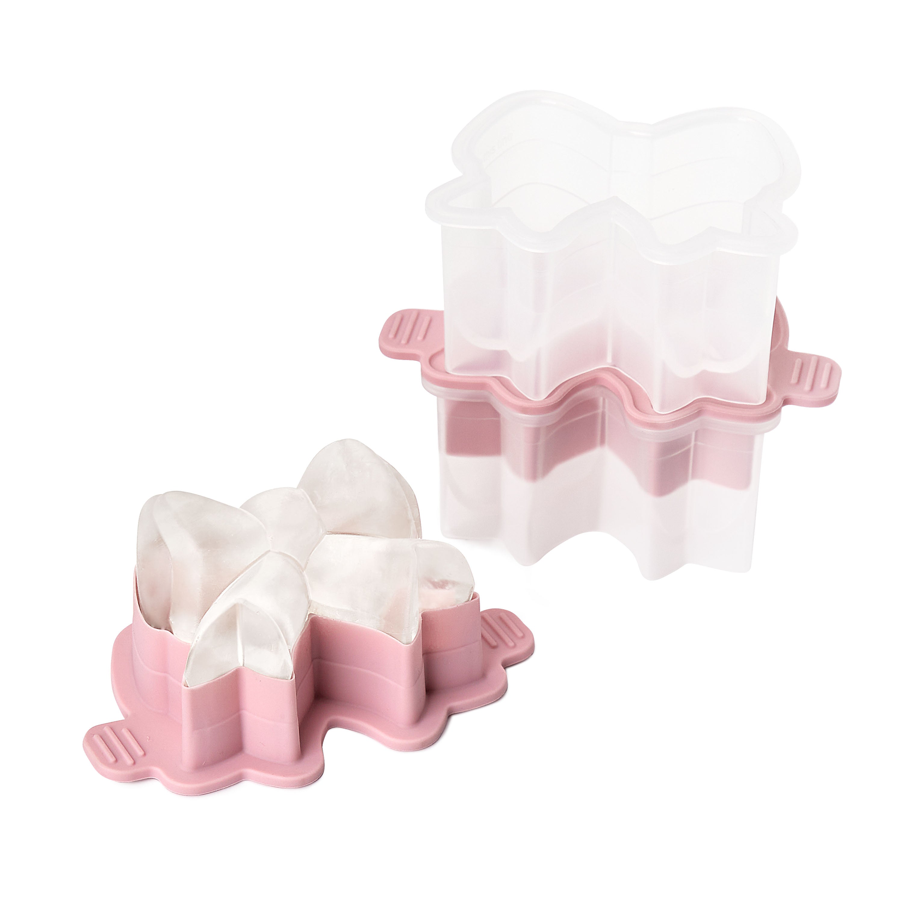 The tovolo Fancy Bow Ice Mold (Set of 2) features pink and clear molds shaped like bows—one filled, one empty—ideal for creating playful sandwiches or stylish craft ice on a clean white background.