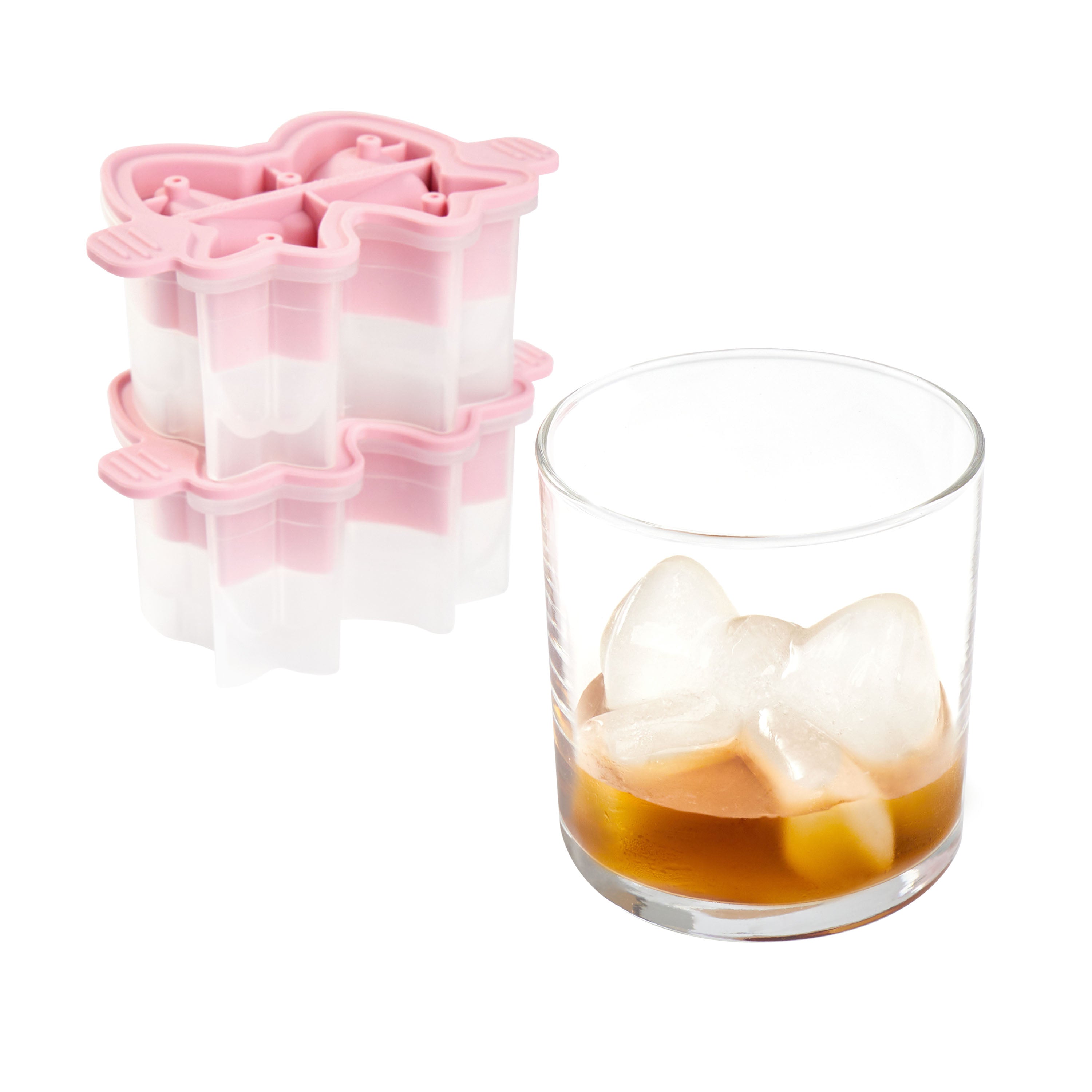 A Fancy Bow Ice Mold (Set of 2) by tovolo sits beside a pink and white silicone tray, perfect for making charming craft bow-shaped ice cubes.