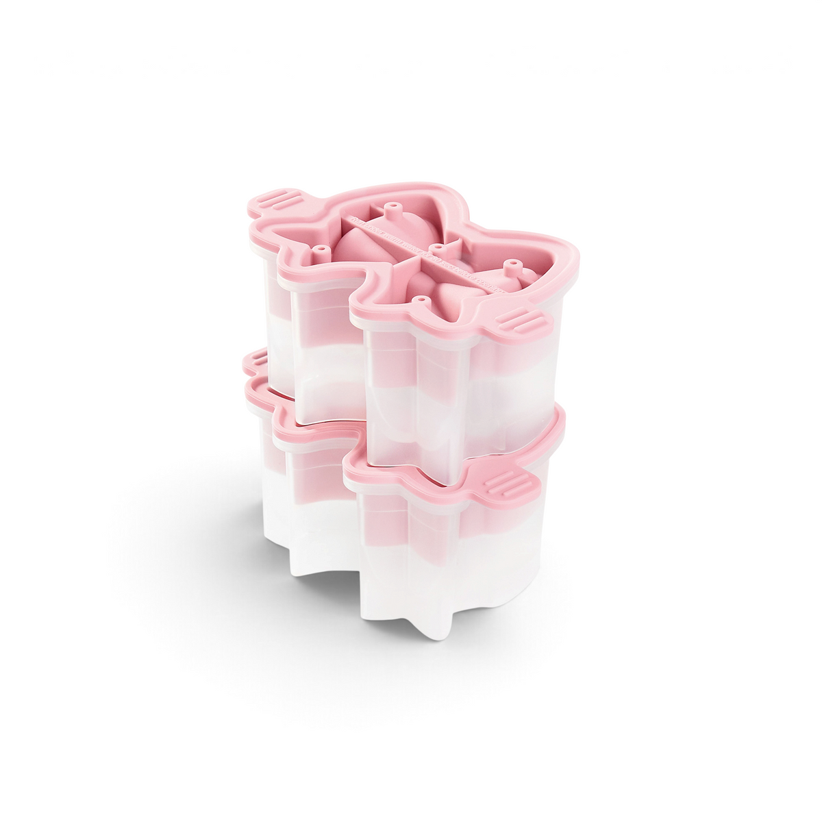 The tovolo Fancy Bow Ice Molds (Set of 2) in pink and white are arranged on a white background, ideal for making creative popsicles.