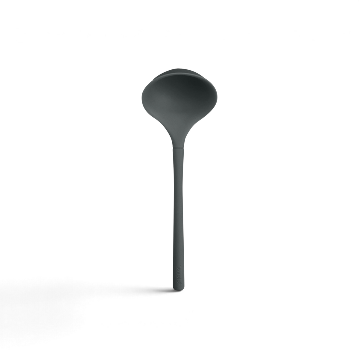 The tovolo Flex-Core Silicone Ladle features a black, rounded head and a long handle, displayed on a plain white background.