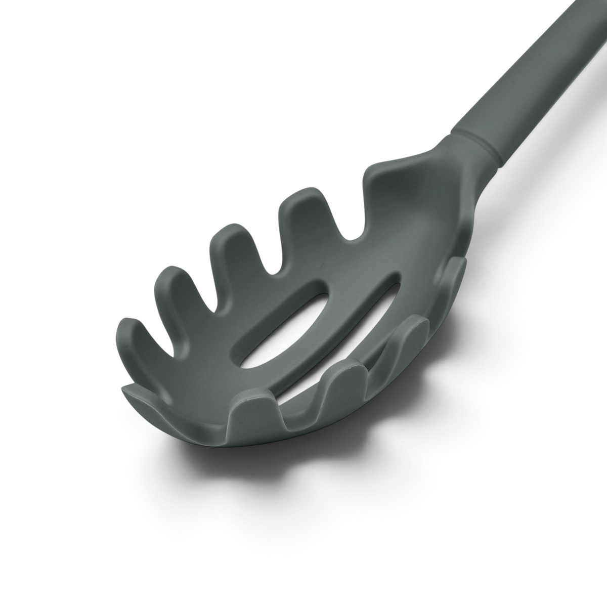 The tovolo Flex-Core Silicone Pasta Claw features a gray, slotted, oval head with prongs around the edge, designed for serving spaghetti and other long noodles.