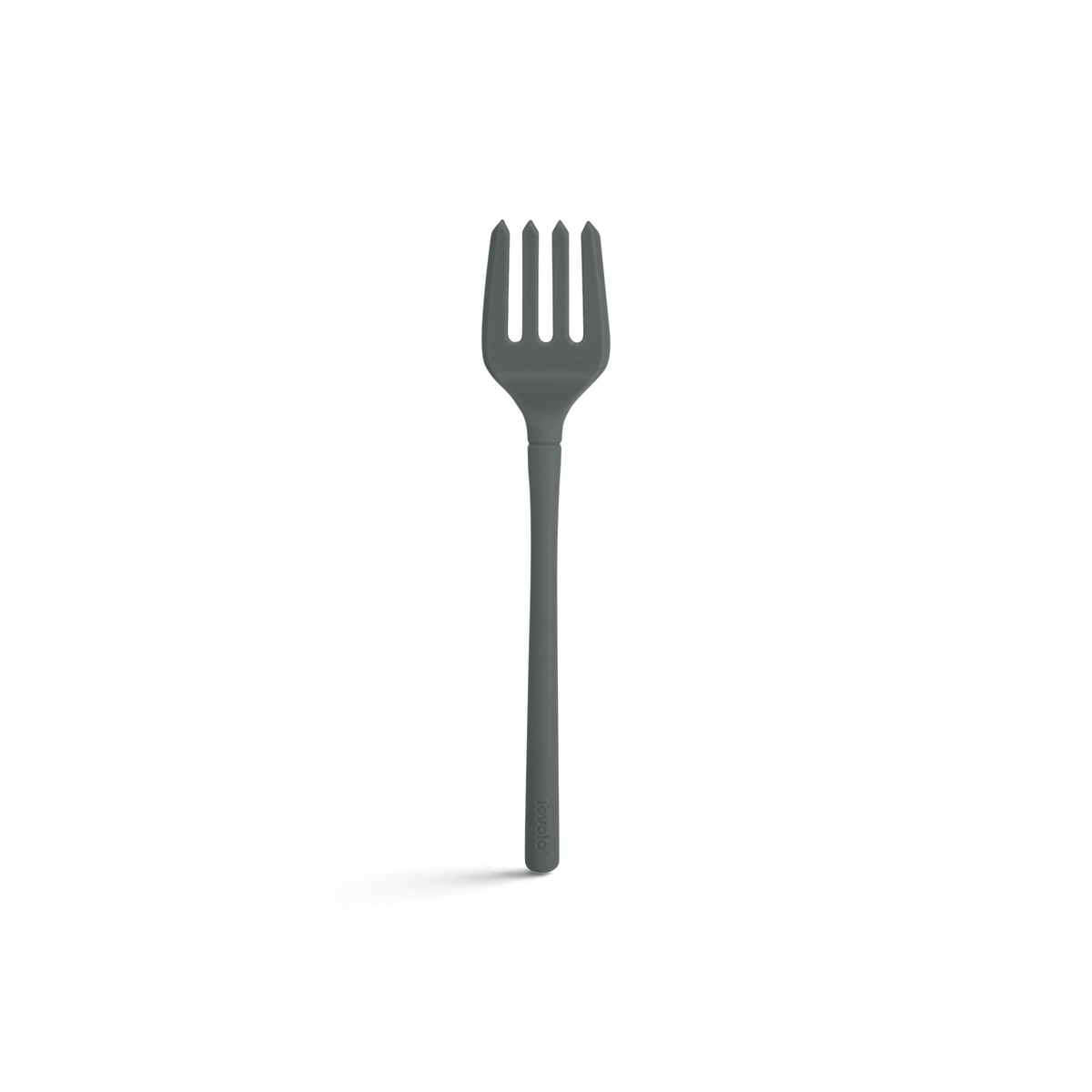 A Flex-Core Fork with three wide prongs and a long handle, made of gray plastic, is displayed against a white background.