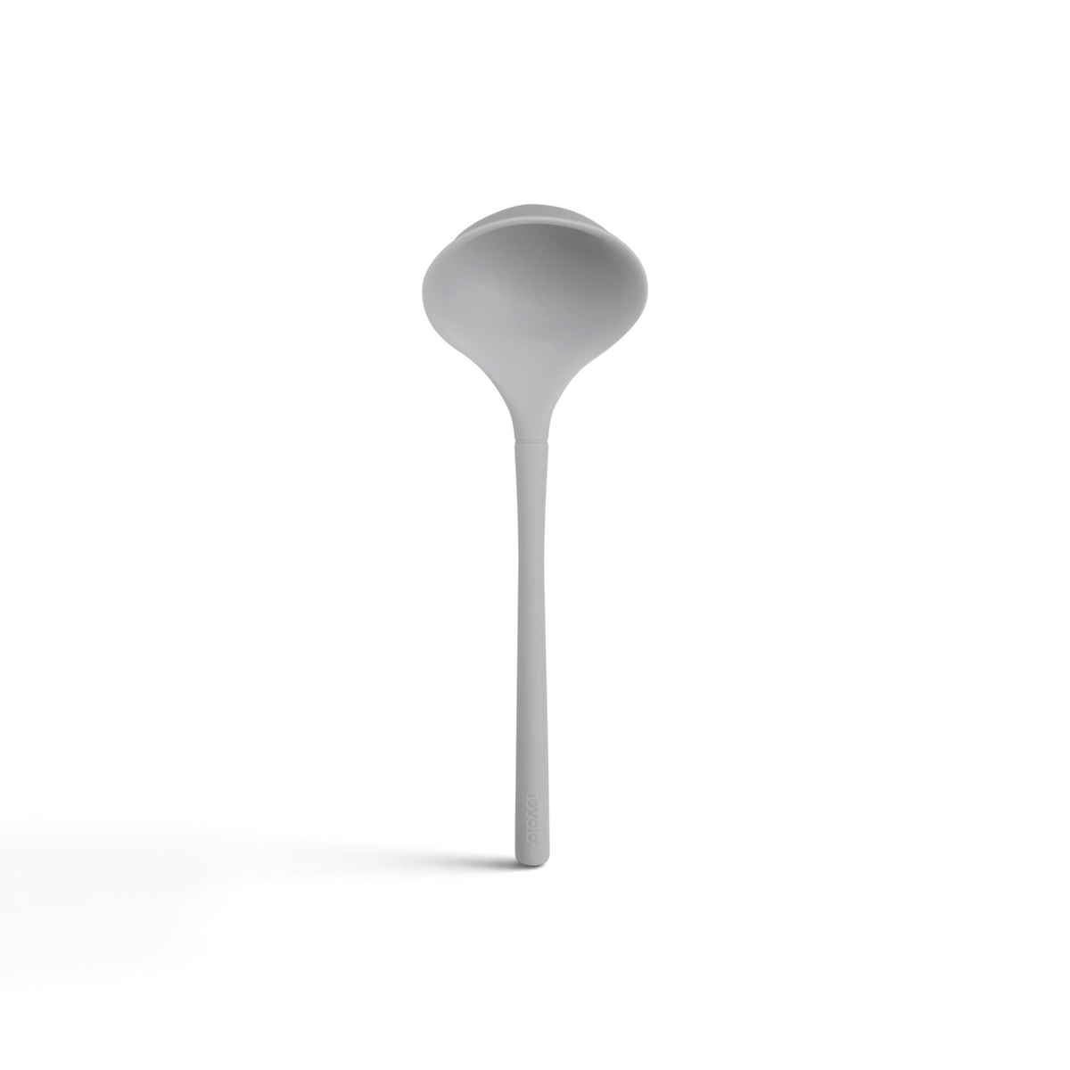 The tovolo Flex-Core Silicone Ladle features a long handle and a deep, rounded bowl in gray, shown against a white background.