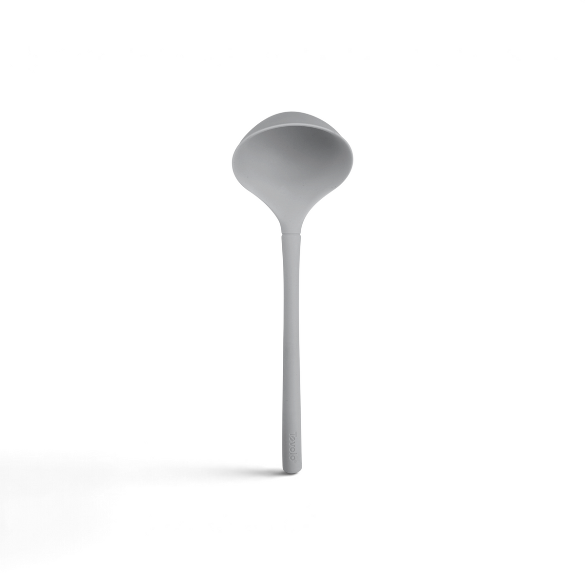 The tovolo Flex-Core Silicone Ladle, featuring a long handle and gray finish, is shown against a white background.