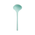 The tovolo Flex-Core Silicone Ladle features a long handle and a deep, rounded bowl in light blue, shown against a plain white background.