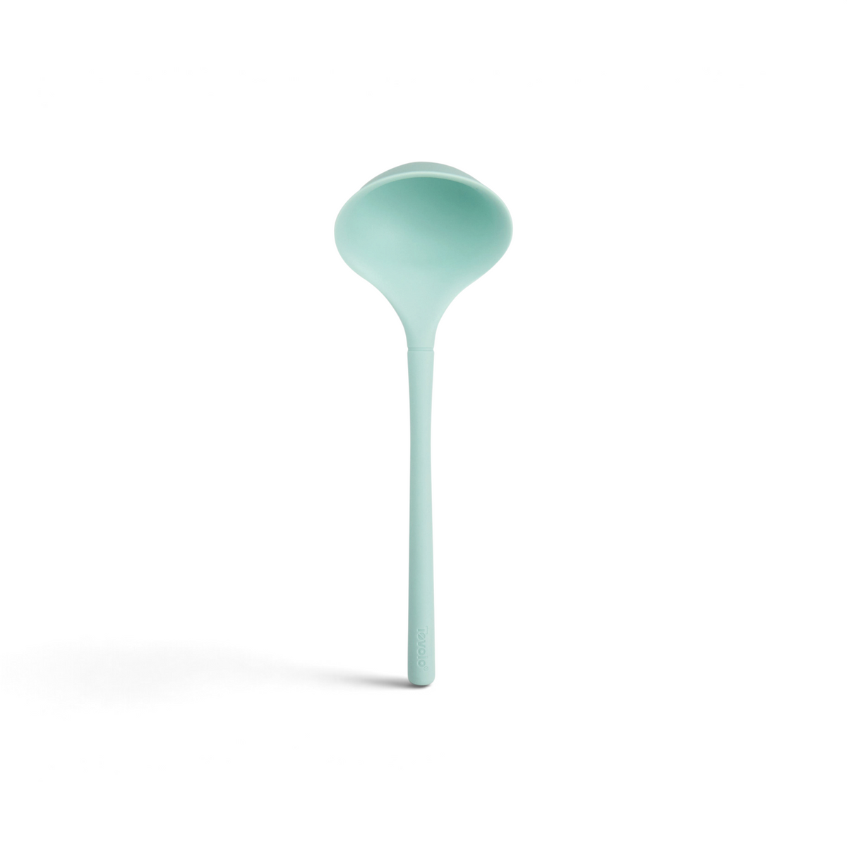 The tovolo Flex-Core Silicone Ladle features a long handle and a deep, rounded bowl in light blue, shown against a plain white background.