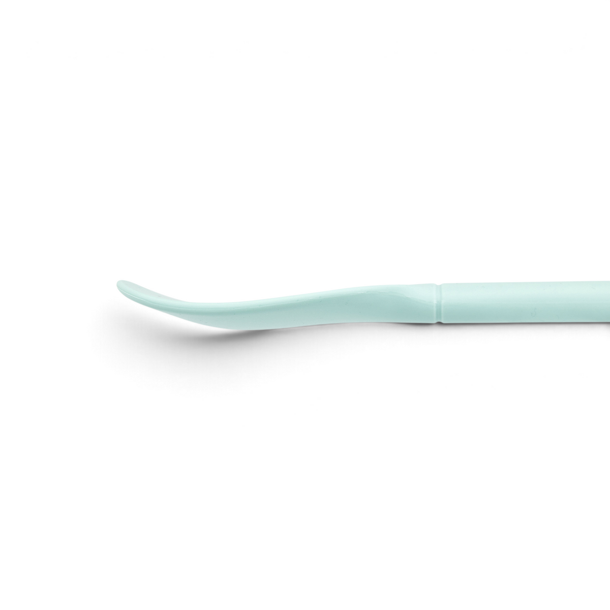 A close-up of the Flex-Core Scoopula, a light blue, curved dental scaler tool, set against a white background.