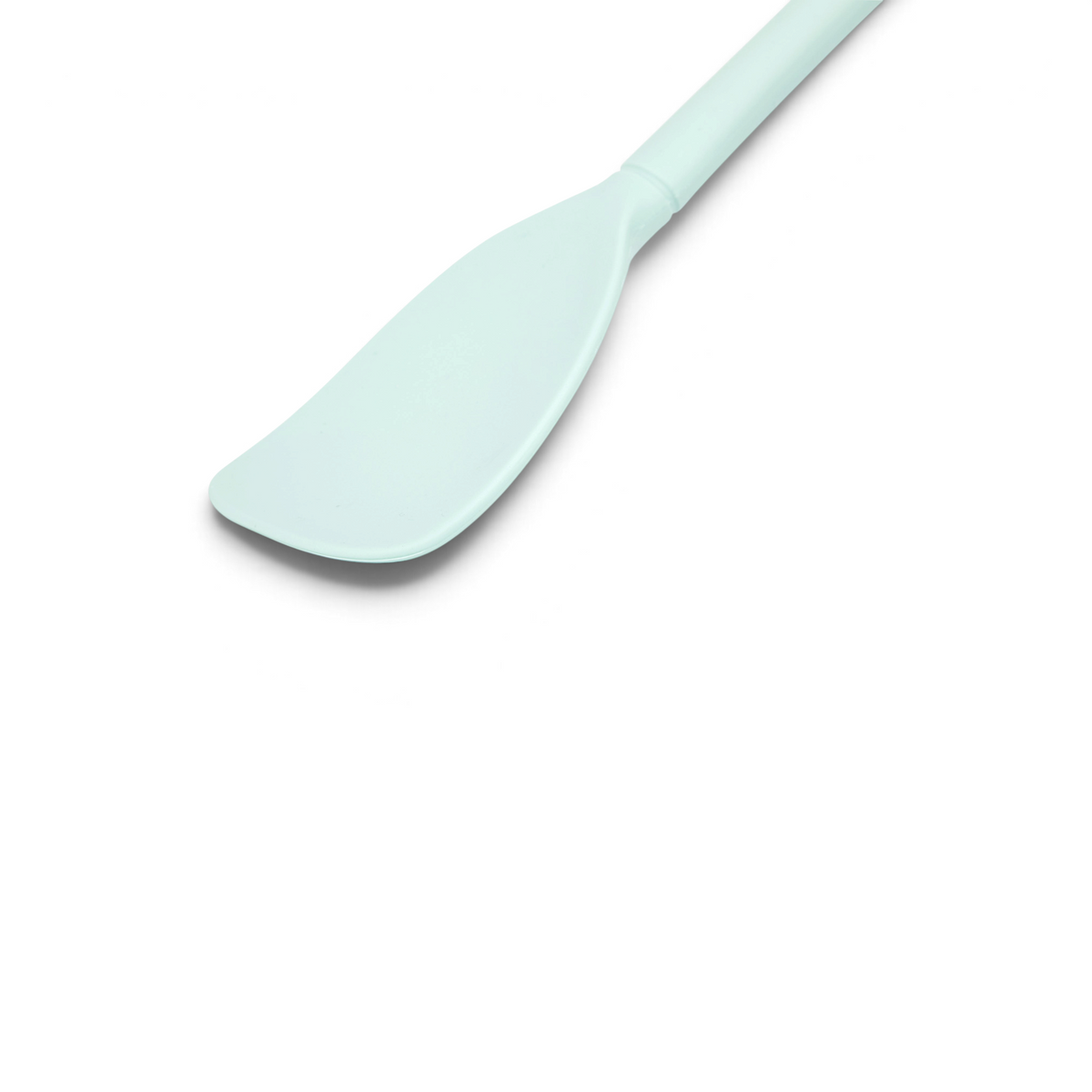The Flex-Core Scoopula is a light blue silicone spatula with a flat, wide blade and a long handle, shown isolated on a white background.
