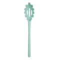 The tovolo Flex-Core Silicone Pasta Claw is a light blue server with a long handle and a slotted, forked spoon end, ideal for serving spaghetti and other long noodles.
