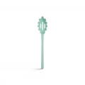 The tovolo Flex-Core Silicone Pasta Claw is a light blue server with a long handle and a slotted, forked spoon end, ideal for serving spaghetti and other long noodles.