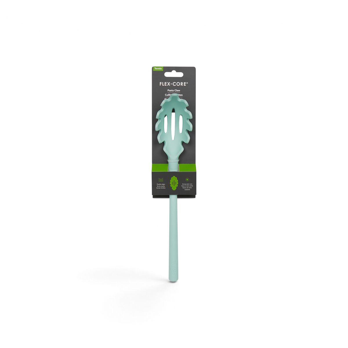 The tovolo Flex-Core Silicone Pasta Claw comes in mint green with a long handle and leaf-shaped cutouts, featuring slotted holes. It is attached to black and green branded packaging labeled “Flex-Core Pasta Claw.”.