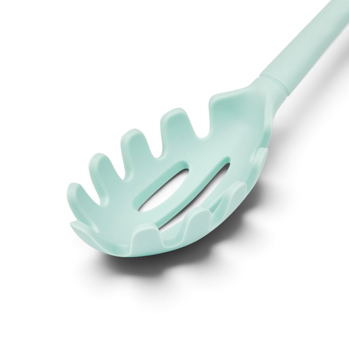 A close-up of the tovolo Flex-Core Silicone Pasta Claw, featuring pronged edges and a long handle in light blue, isolated on a white background.
