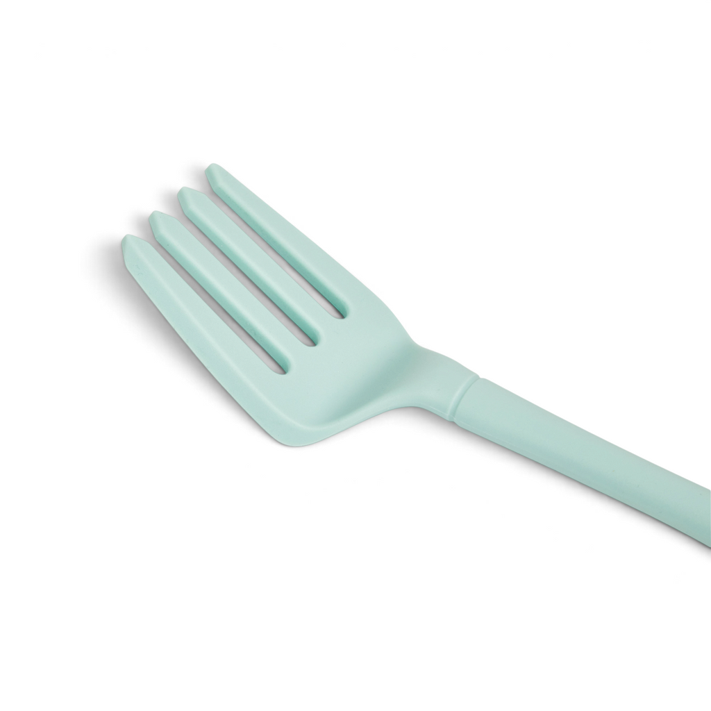 A Flex-Core Fork with four prongs in light blue plastic displayed on a white background.