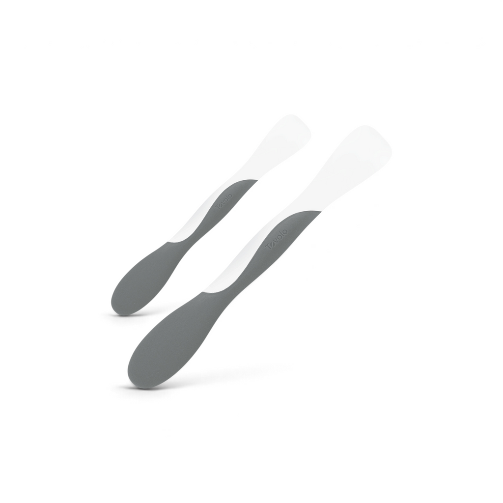 Tovolo Scoop and Spread 2-pack featuring a large and mini grey and white silicone kitchen tool for scraping and mixing.