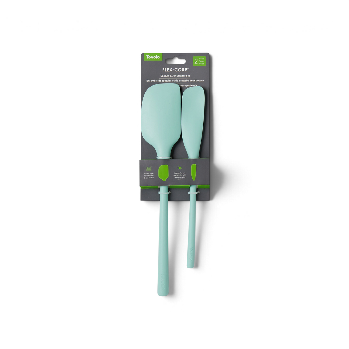 Tovolo Flex-Core light aqua silicone spatula and jar scraper set in original retail packaging