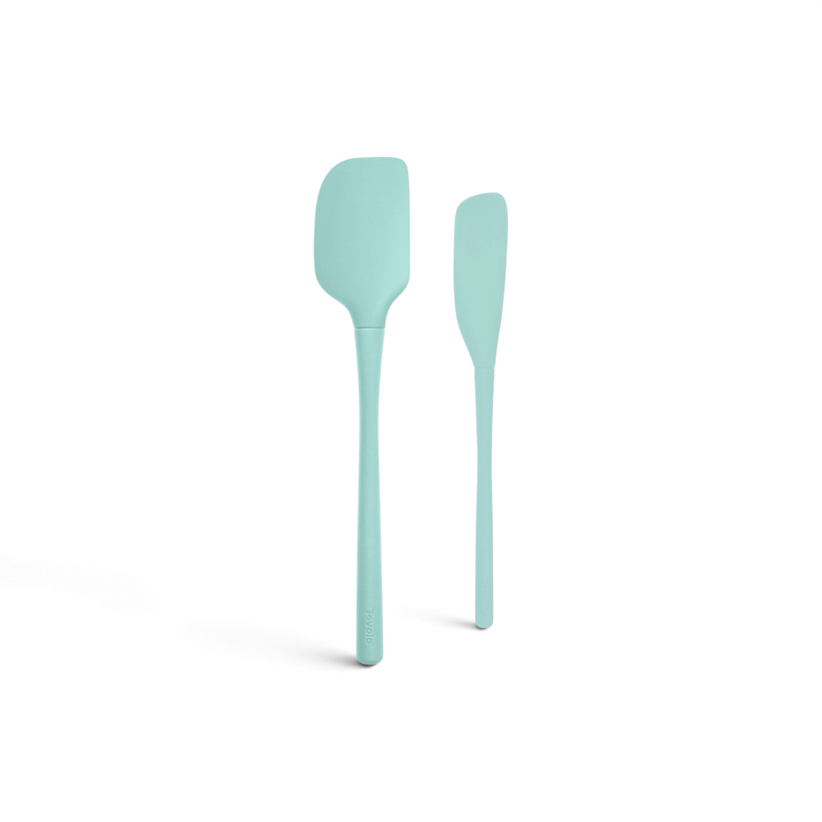 Tovolo Flex-Core light aqua silicone spatula and jar scraper set for non-stick cookware and heat-resistant cooking.