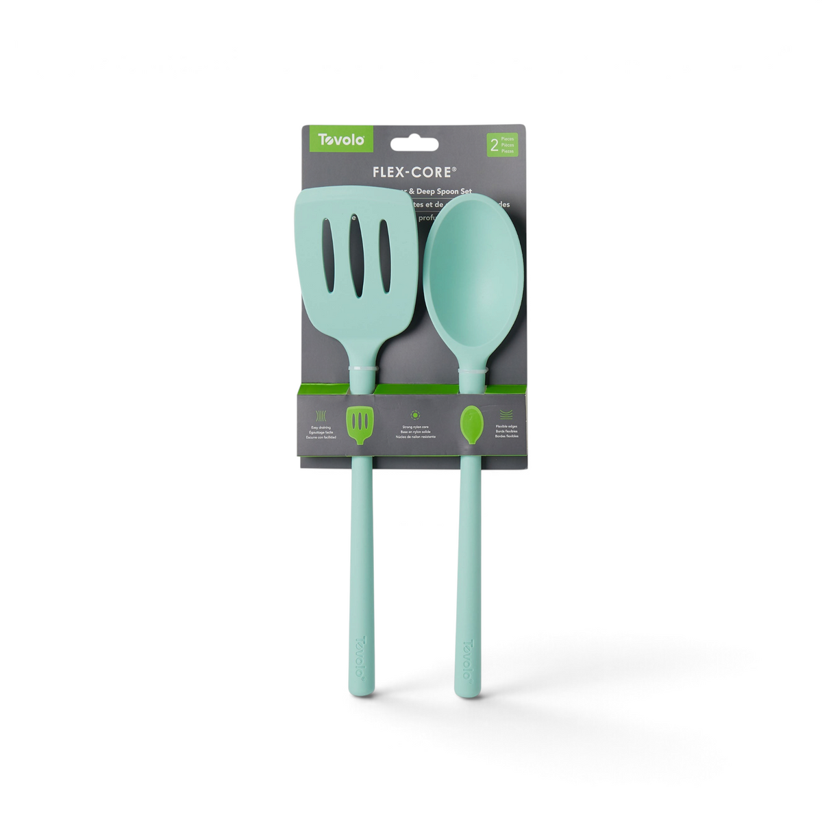 Tovolo Flex-Core light aqua silicone slotted turner and deep solid spoon kitchen utensil set in retail packaging