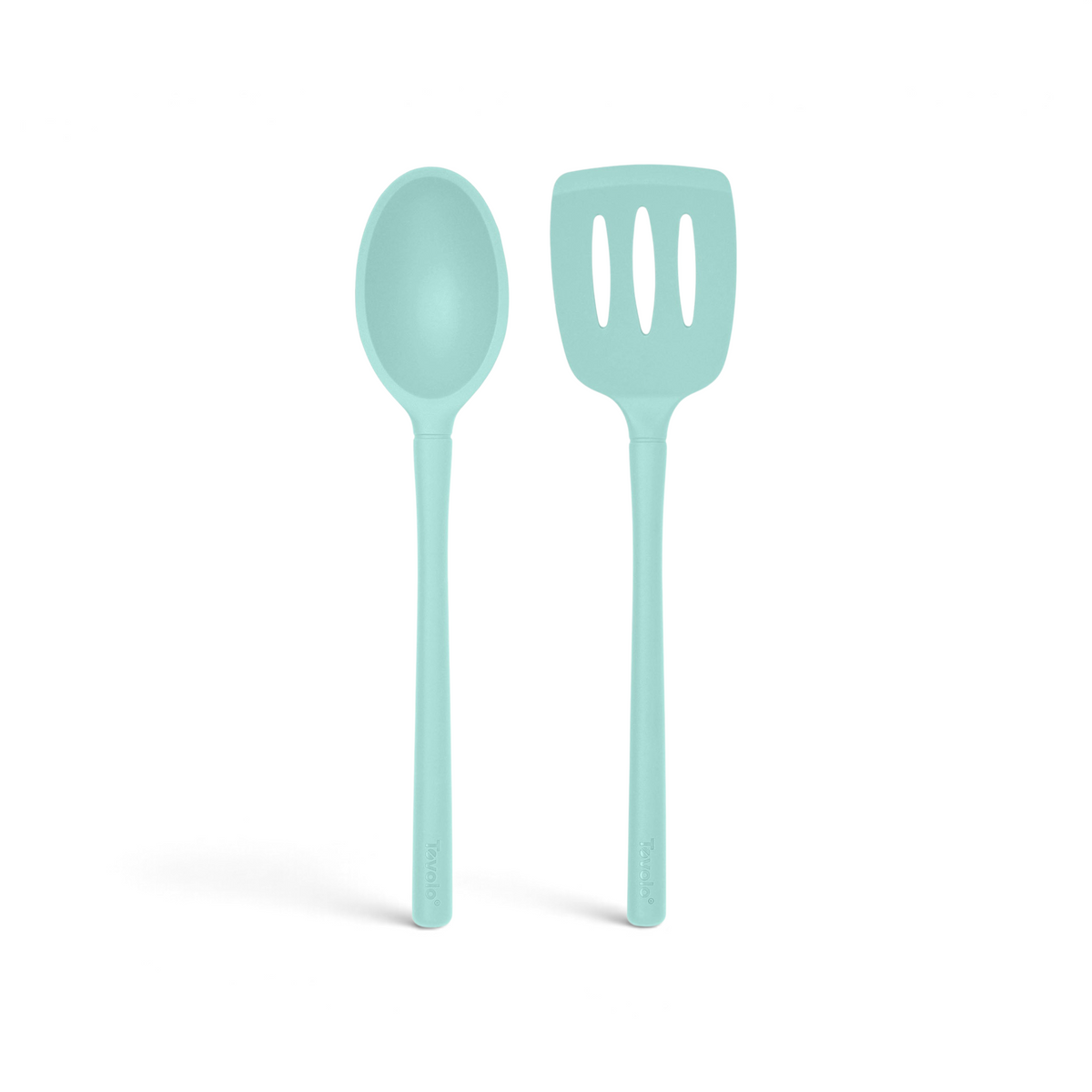 Tovolo Flex-Core light aqua silicone slotted turner and deep solid spoon set for non-stick cookware