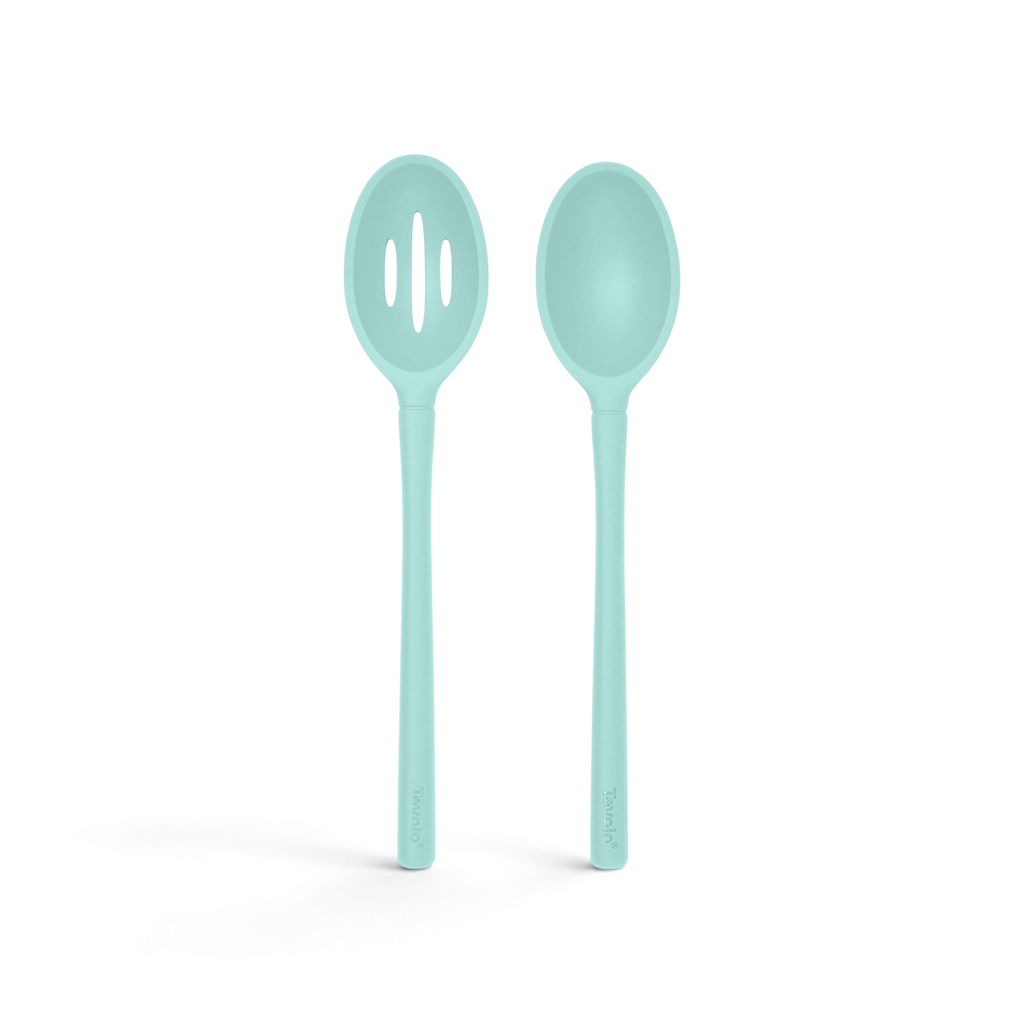 Tovolo Flex-Core light aqua silicone slotted and solid deep spoons for non-stick cookware